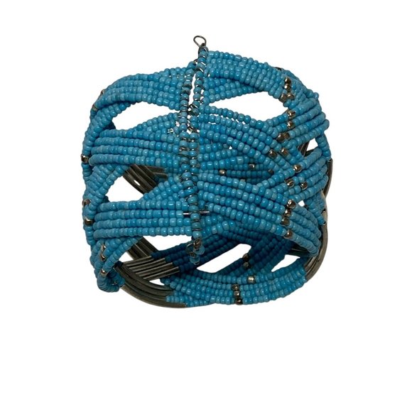 Turquoise Beaded & Silver-Tone Metal Open Cuff Bracelet Cris Beadwork Accessory - Picture 5 of 6